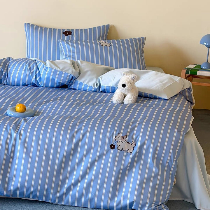 Striped Cotton Sateen Duvet Cover Set with Embroidered Cat Patch and Hidden Zipper