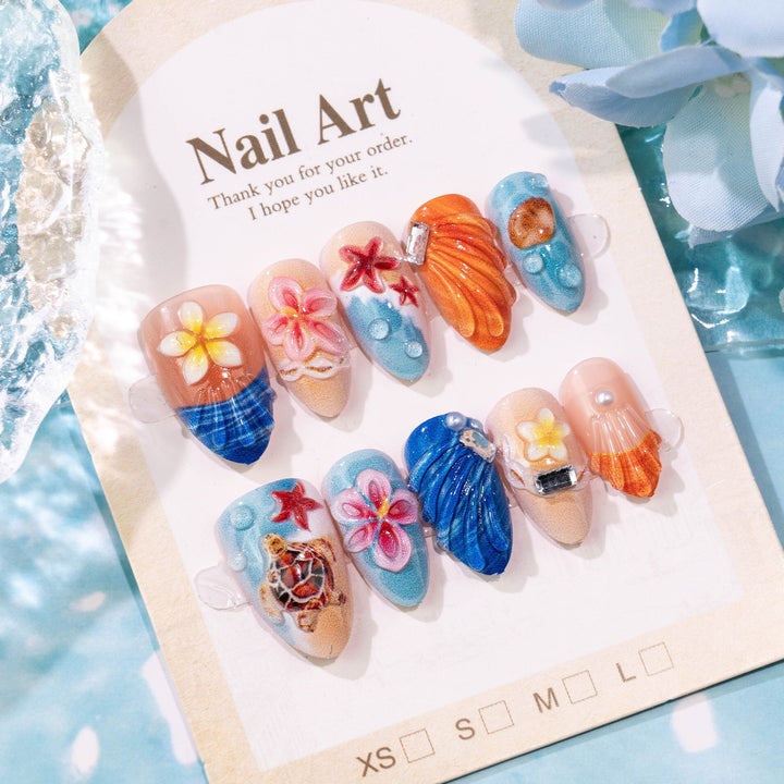 Artificial nail set with maritime motifs and 3D elements Stornfield