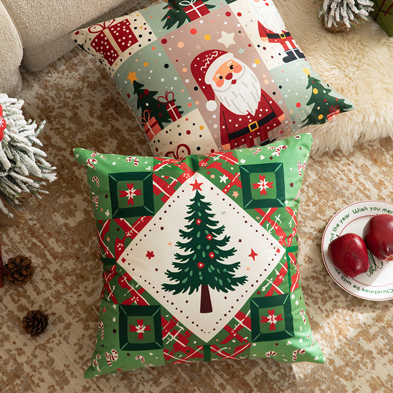 Christmas square decorative pillow with patchwork print and soft microfiber cover