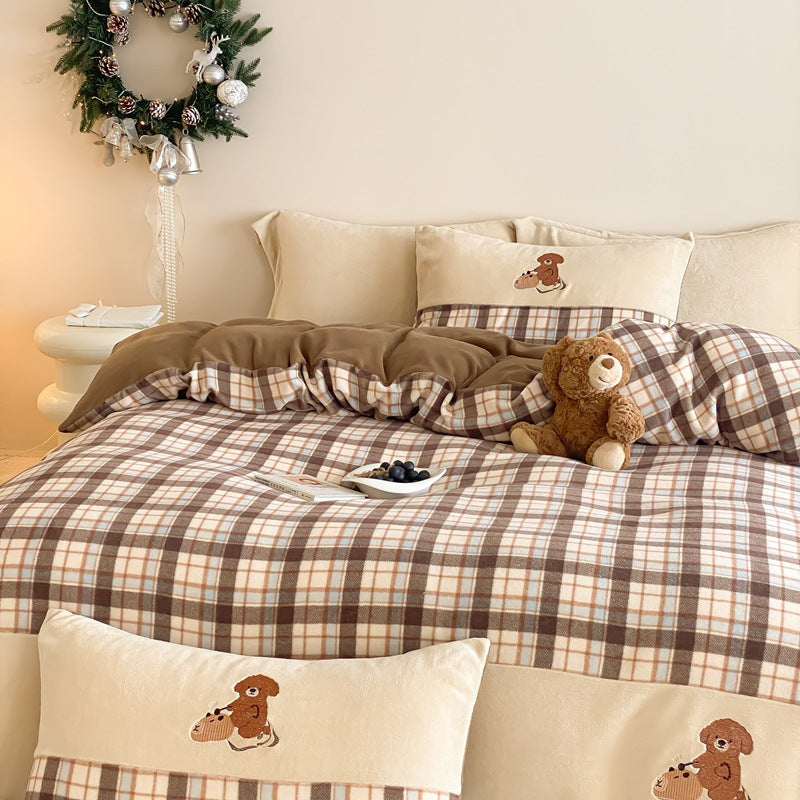 Checked bedding set with embroidered teddy bear appliqués and soft microfiber topper