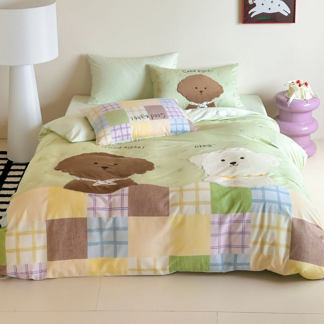 Children's Cartoon Puppy Patchwork Duvet Cover Set with Appliqué Pillowcase