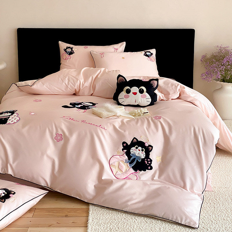 Embroidered Kitten Cotton-Sateen Duvet Cover Set with Pillow Shams