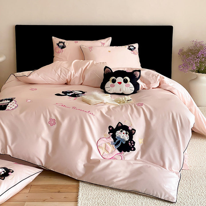 Embroidered Kitten Cotton-Sateen Duvet Cover Set with Pillow Shams