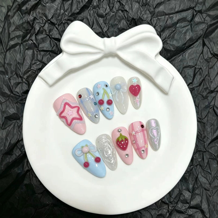 Whimsical Cherry and Heart-Themed Press-On Nail Set