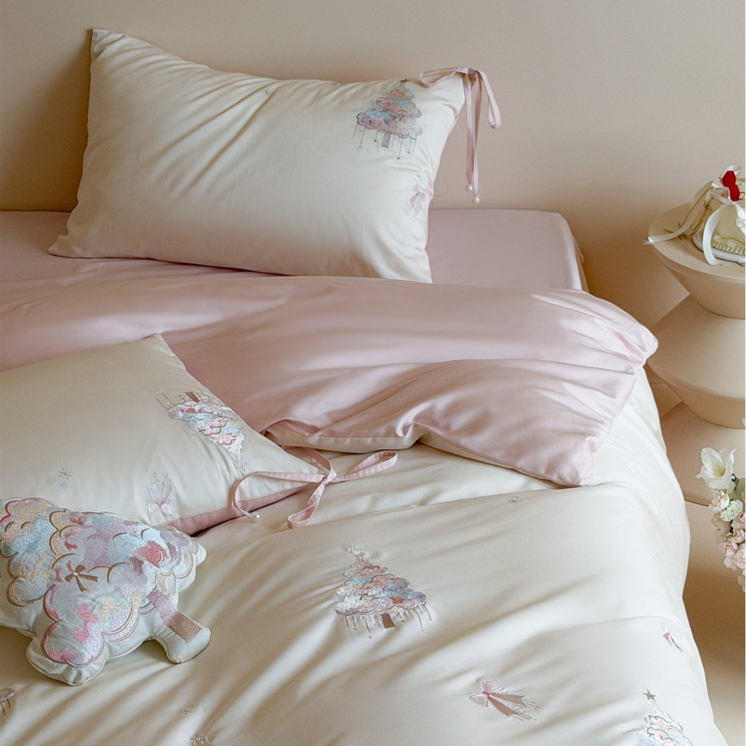 Pastel Cloud Embroidered Cotton Sateen Duvet Cover Set with Ribbon-Tie Shams