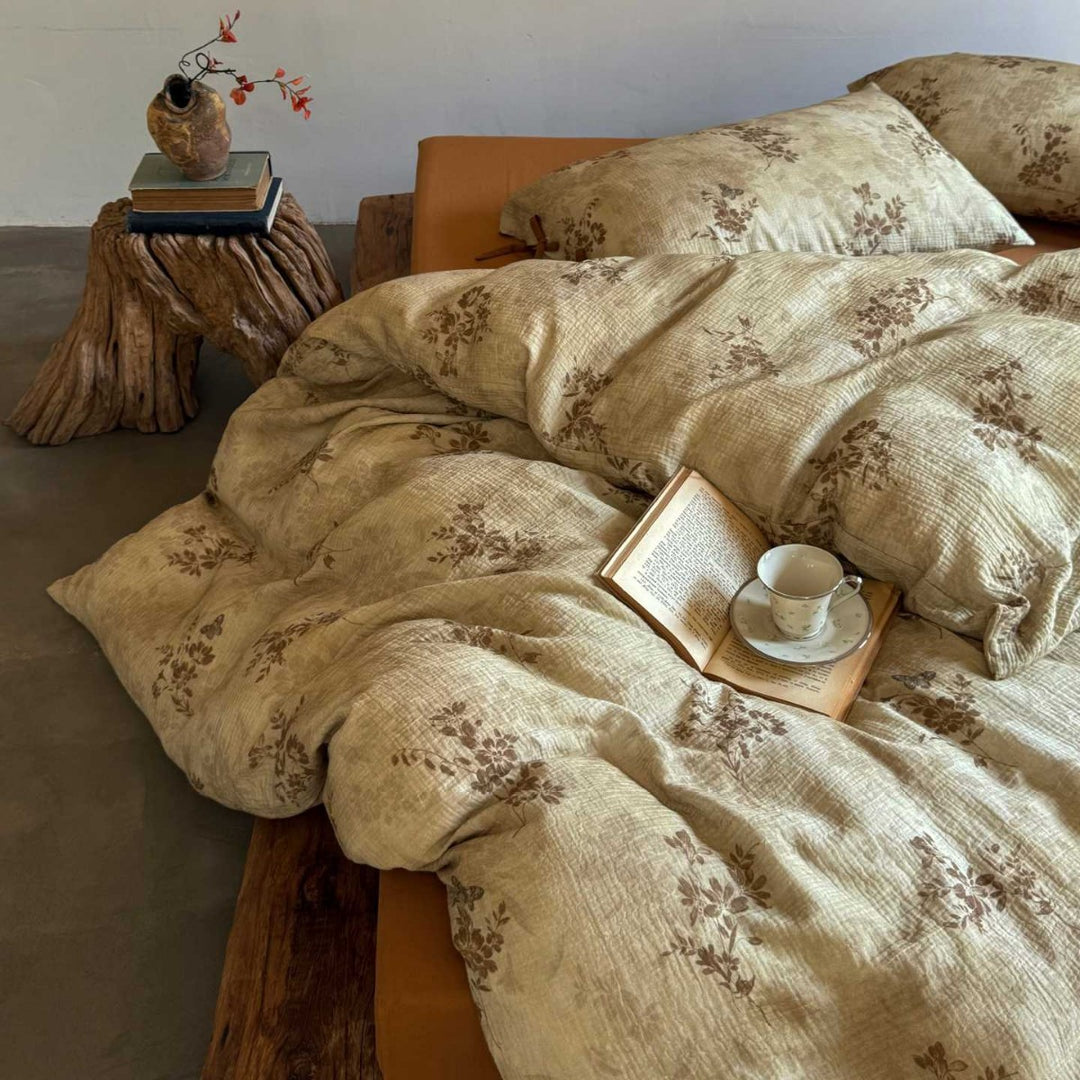 Natural cotton-linen duvet cover set with a crinkled linen look and floral tone-on-tone pattern