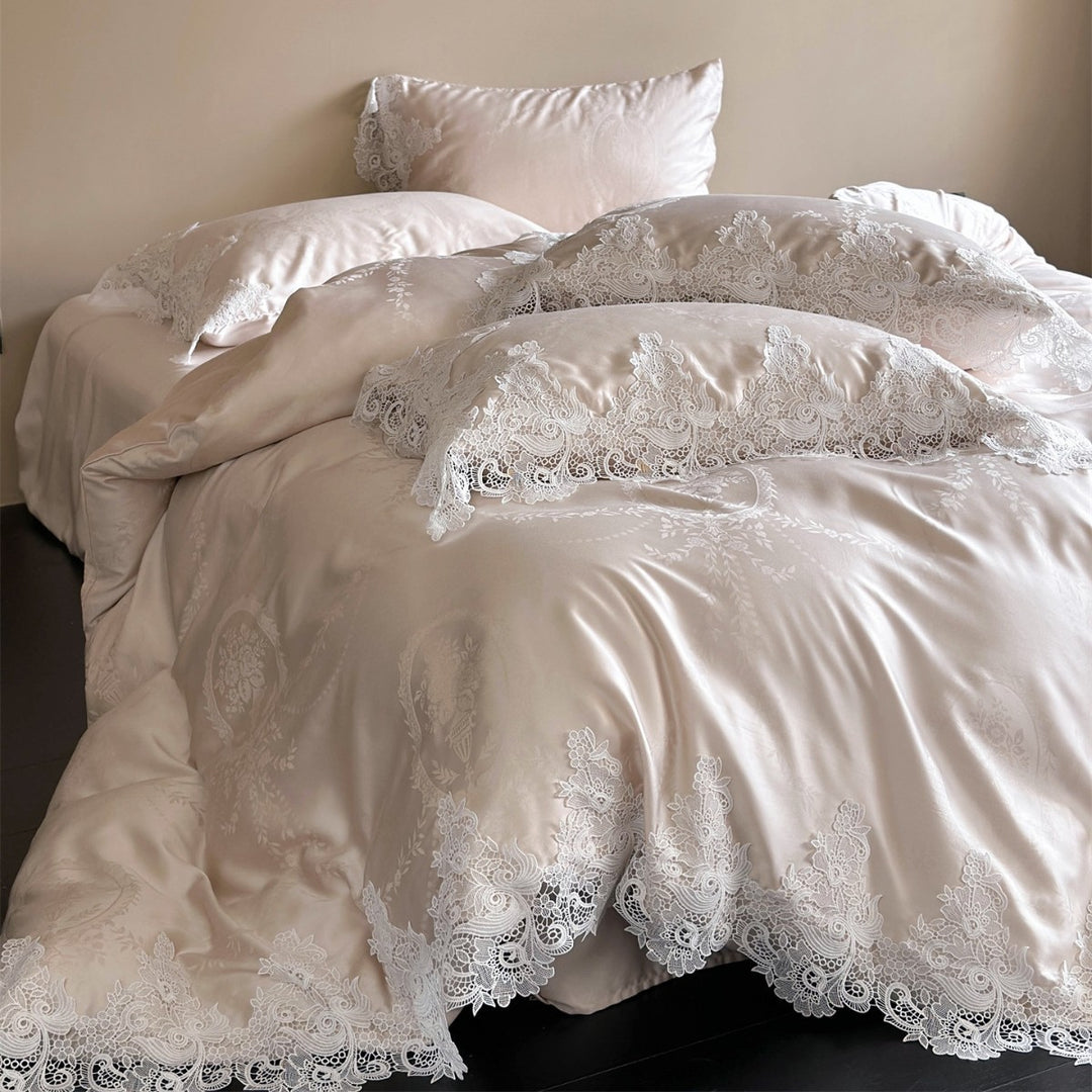 Luxurious Satin Jacquard Duvet Cover Set with Venetian Lace Trim