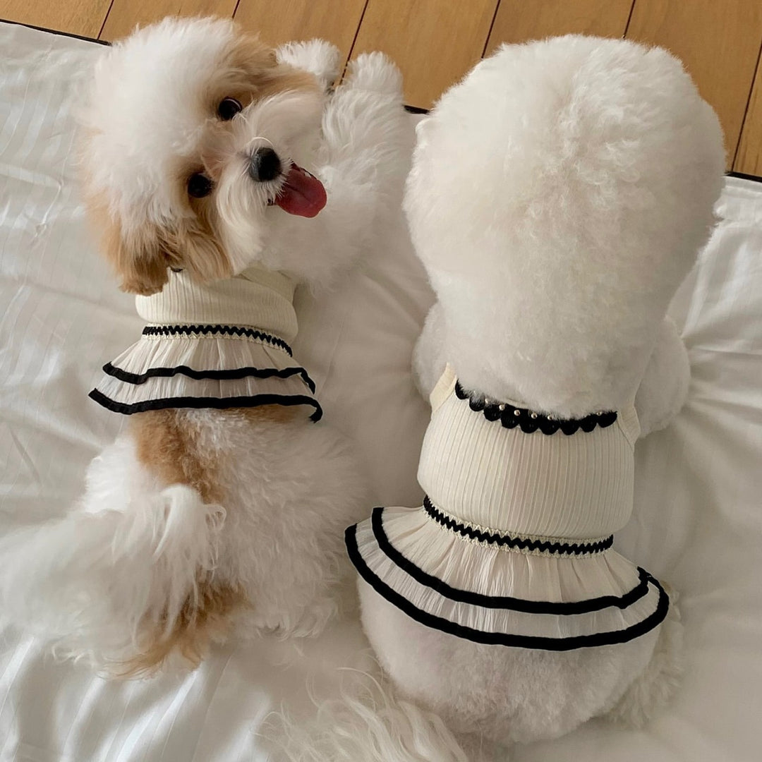 Ribbed Mock-Neck Pleated Ruffle Dog Dress with Harness Slot
