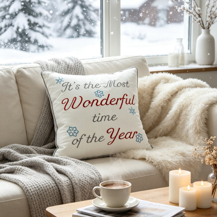 Embroidered Holiday Square Throw Pillow Cover with Piped Edge and Removable Insert