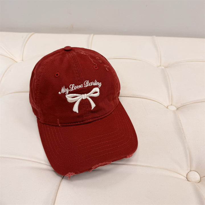 Women's Distressed Cotton Baseball Cap with Bow Embroidery Stornfield
