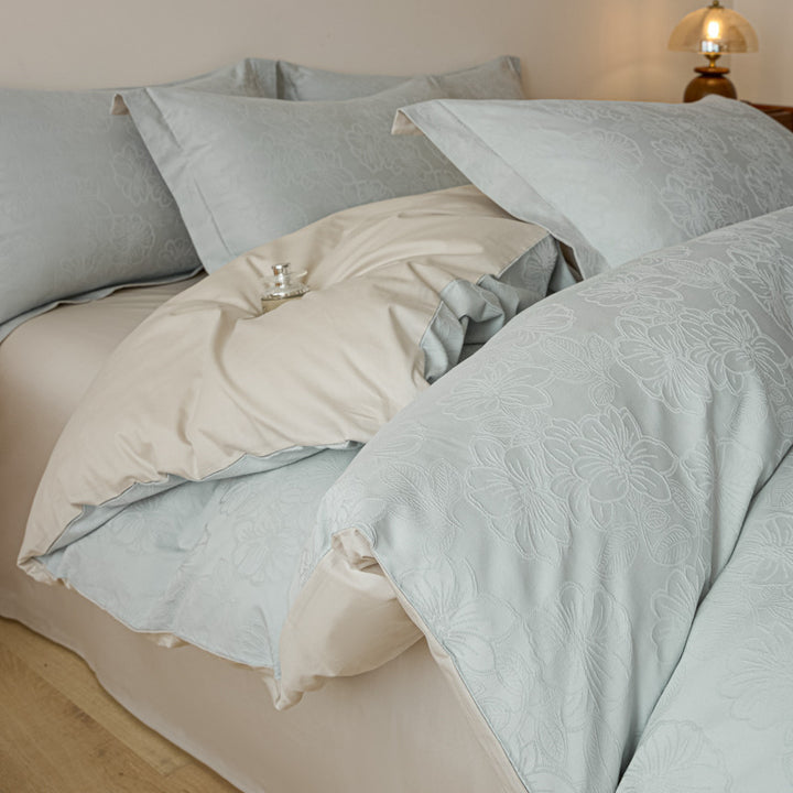 Floral Jacquard Cotton Duvet Cover Set with Pillowcases and Hidden Zipper