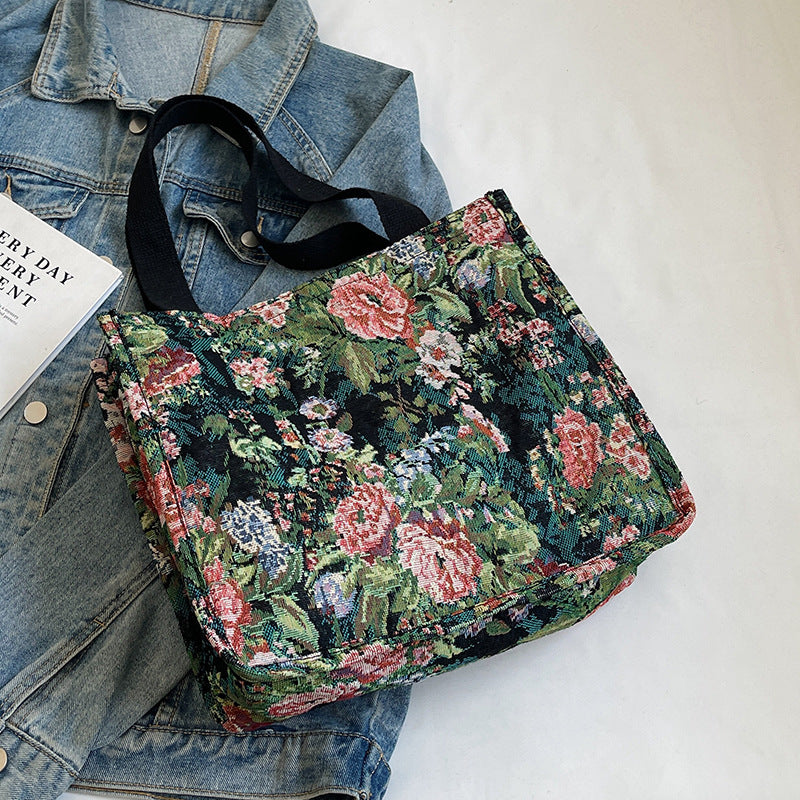 Floral Embroidered Tapestry Tote Bag