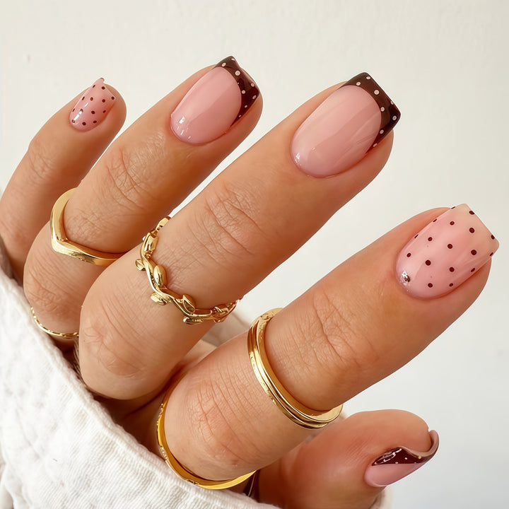 Stylish Press-On Nail Design with Polka Dot and French Tip Accents Stornfield