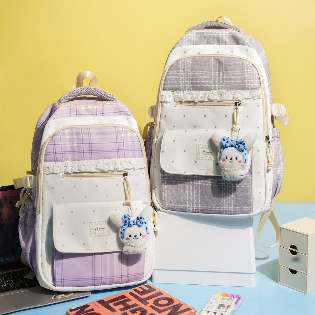 Plaid Patterned School Backpack with Cute Bunny Keychain Stornfield