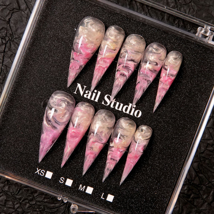Artistic Stiletto Press-On Nail Set with Marble Finish