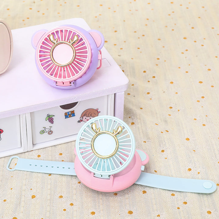 Ladies portable hand fan with integrated mirror and cute animal design Stornfield