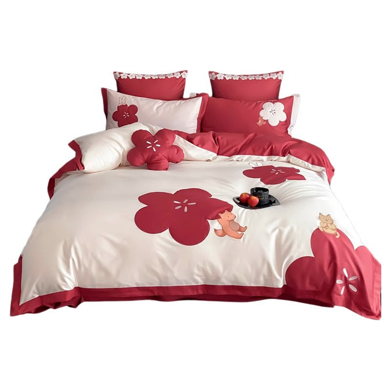 Floral Appliqué Cotton-Sateen Duvet Cover Set with Decorative Pillow Shams