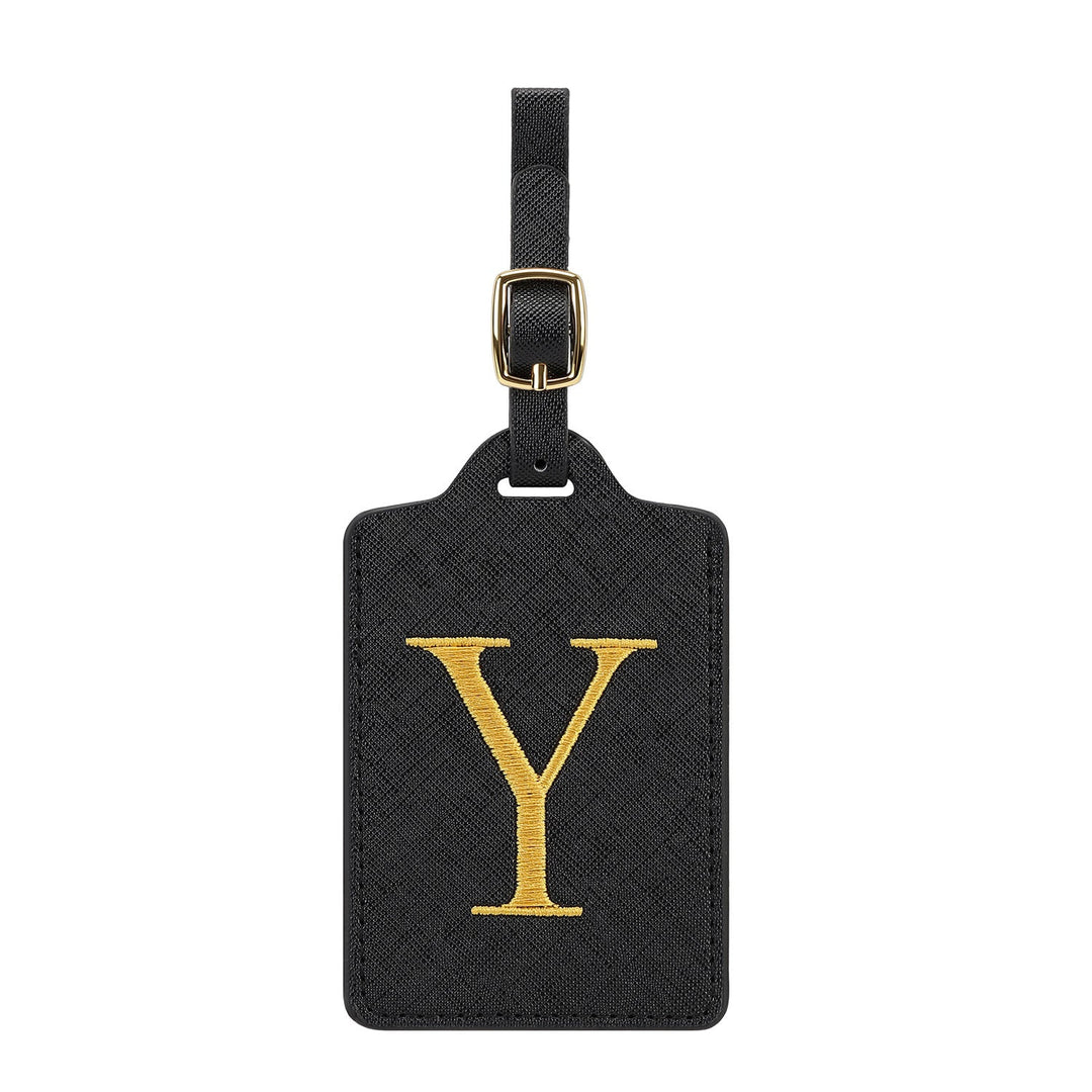 embroidered initial monogram leather luggage tag with adjustable buckle strap Stornfield