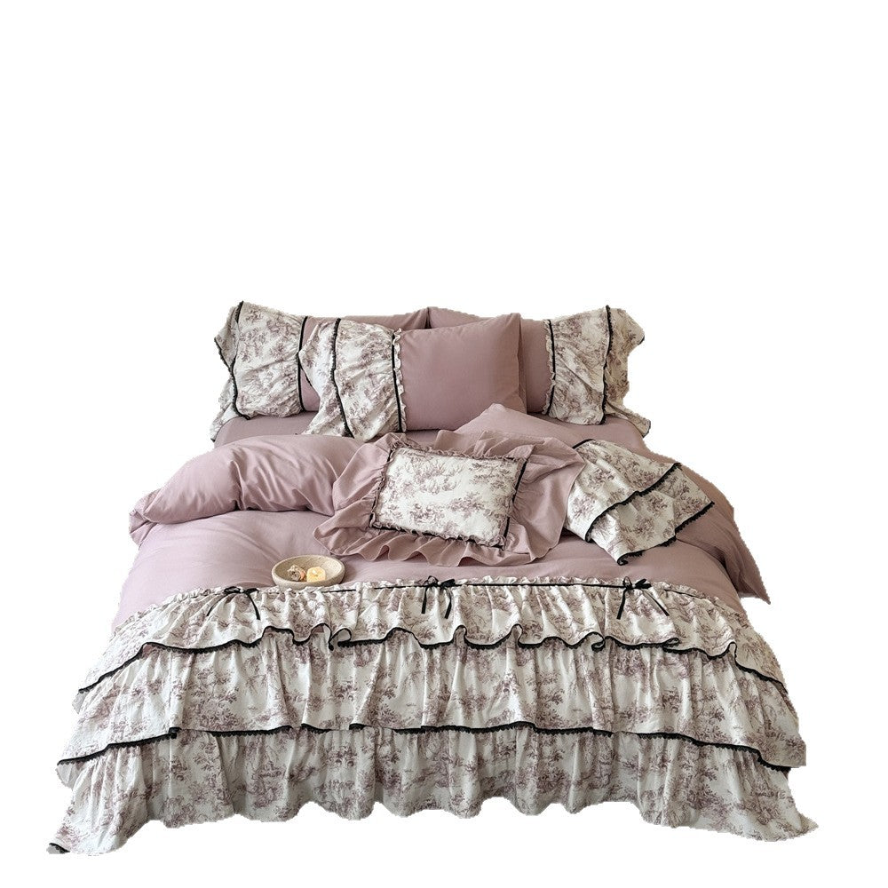 Romantic Ruffled Bedding Set with Vintage Toile Motif, Ruffles and Bedskirt