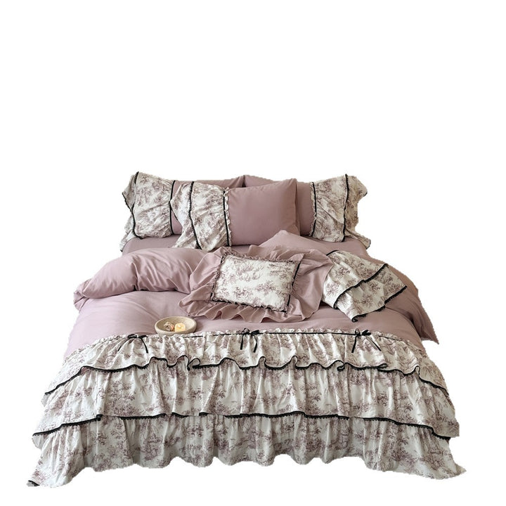 Romantic Ruffled Bedding Set with Vintage Toile Motif, Ruffles and Bedskirt