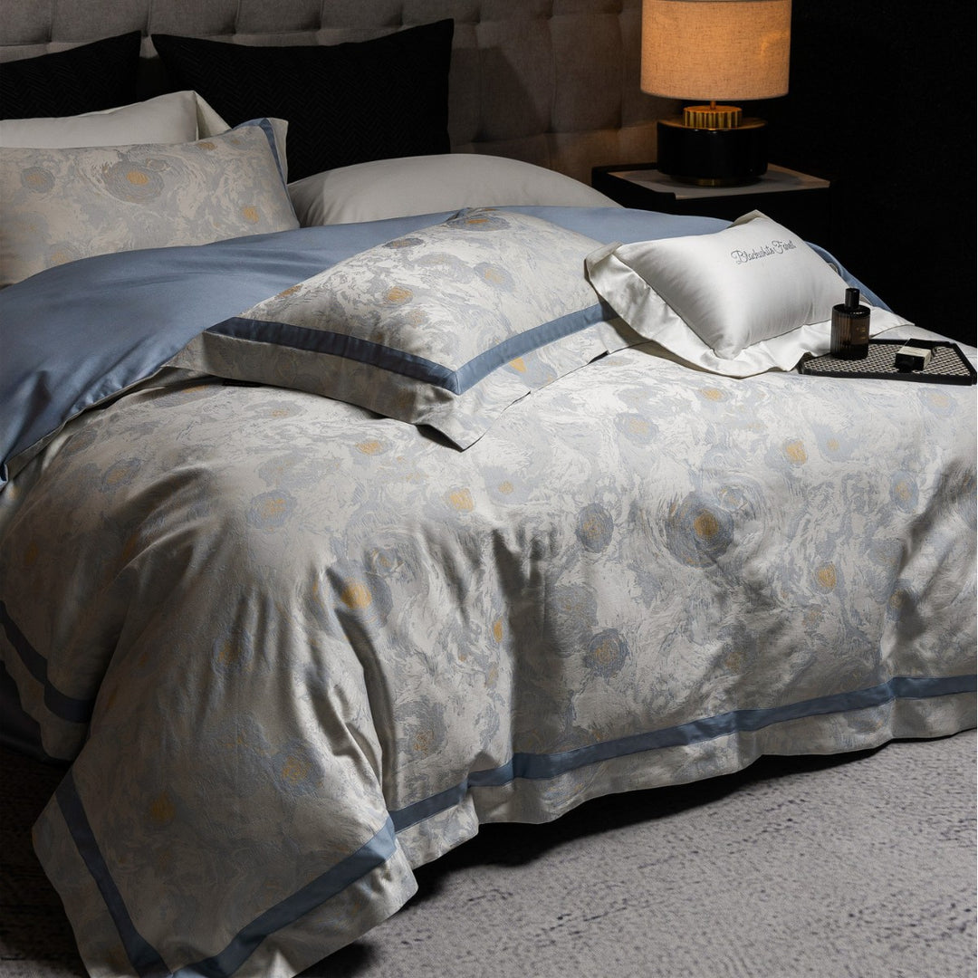 Gradient Jacquard Satin Duvet Cover Set with Floral Embossed Motif and Pillow Shams