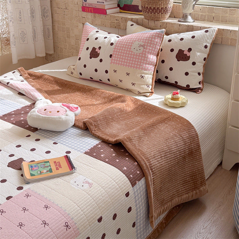 Quilted Cotton Toddler Bed Coverlet Set with Playful Dog and Flower Print and Gingham Trim
