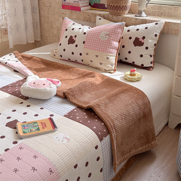 Quilted Cotton Toddler Bed Coverlet Set with Playful Dog and Flower Print and Gingham Trim