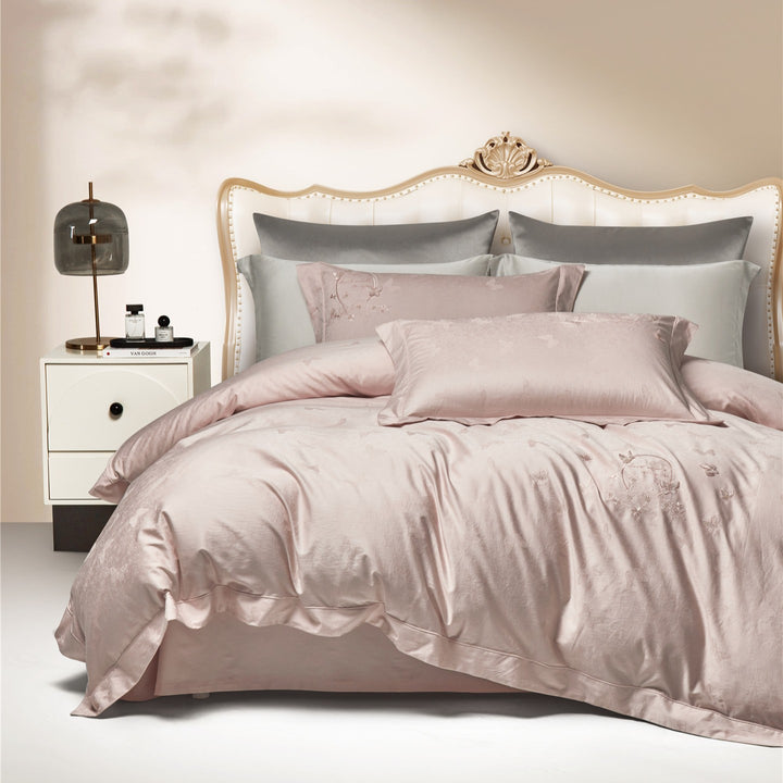 Satin-Jacquard Duvet Cover Set with Subtle Butterfly Jacquard and Pillow Shams