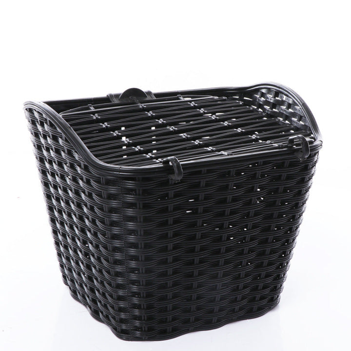 woven front bicycle basket with hinged lid and universal handlebar mount Stornfield
