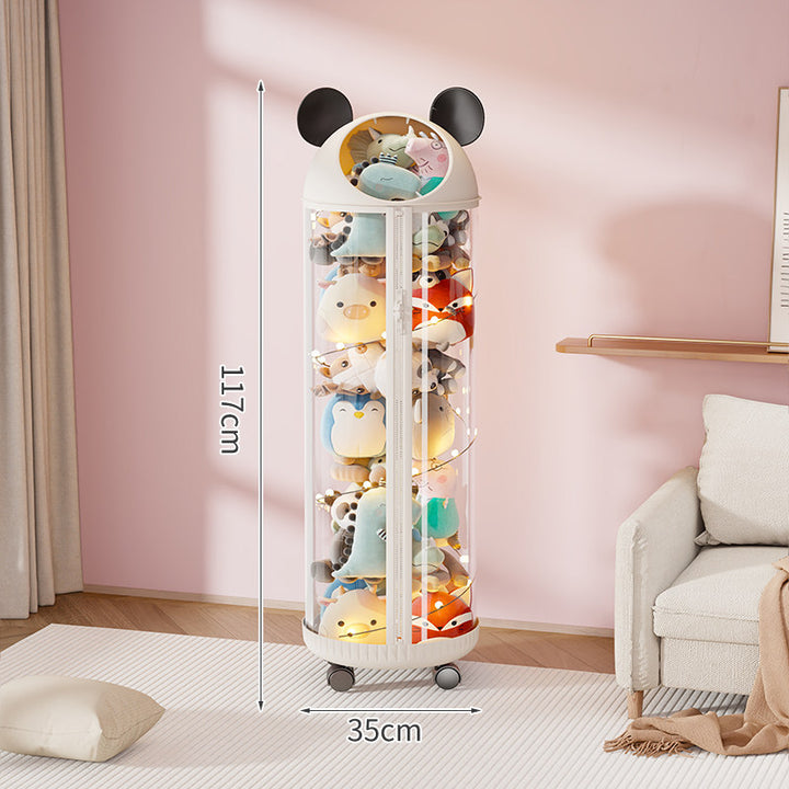 Vertical Clear Cylinder Plush Toy Storage Tower with Divided Shelves and Caster Base