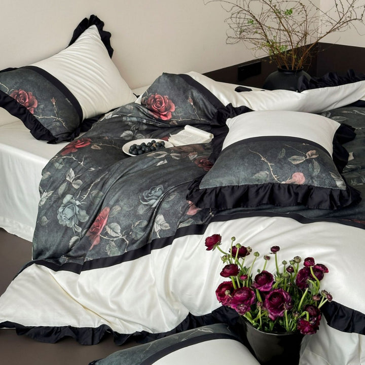 Premium bedding set made of cotton satin with floral jacquard and contrasting frill