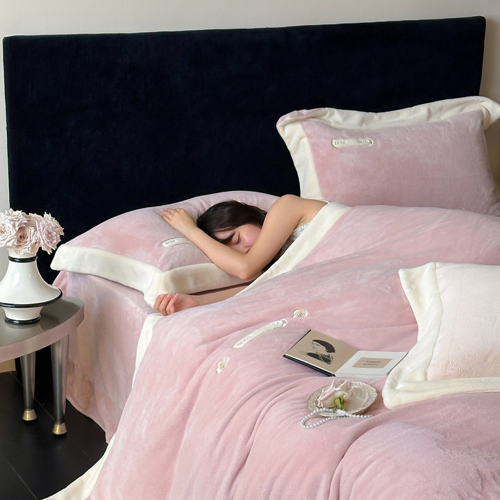 Luxurious velvet bedding set with plush cover, satin edge, and decorative embroidery