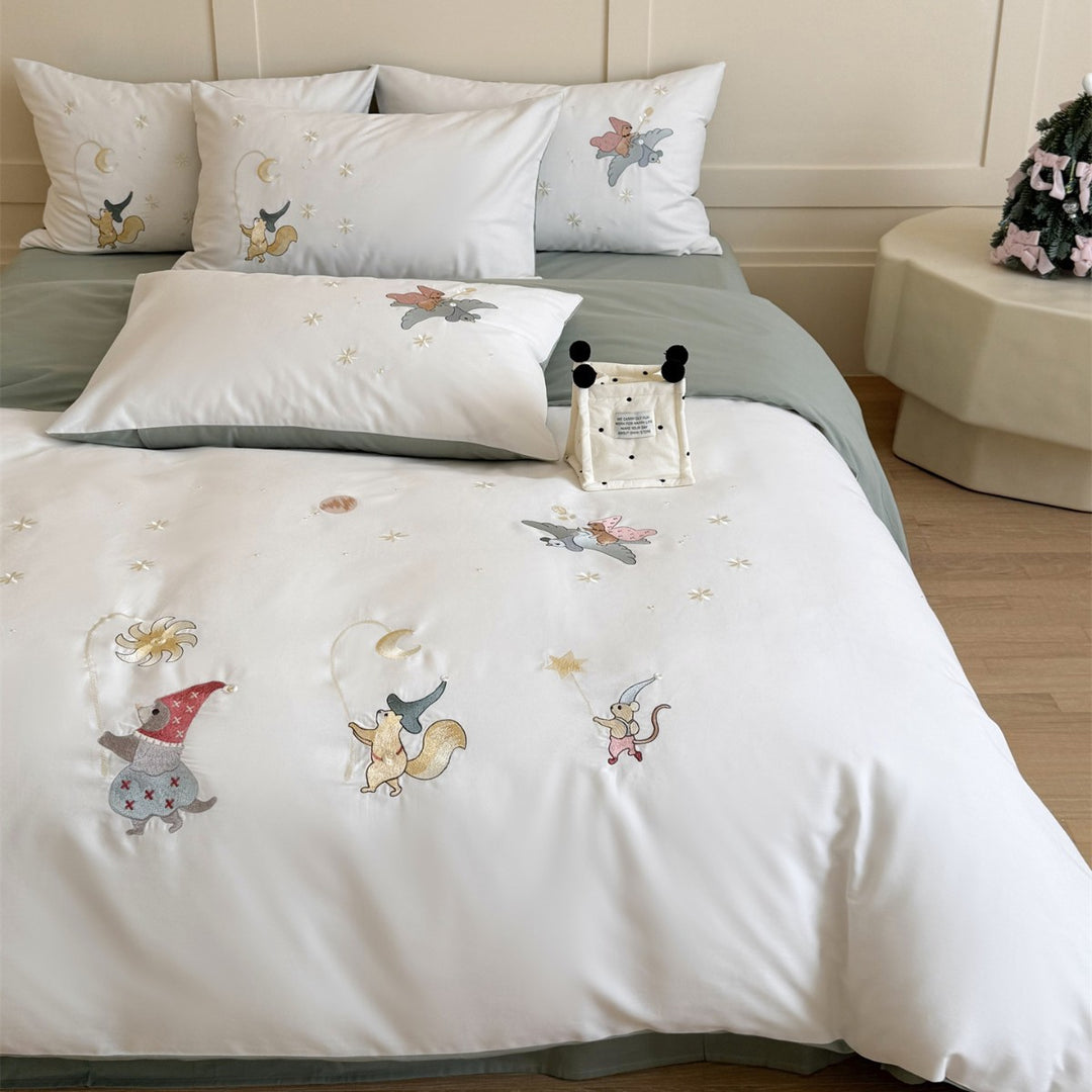 Kids Storybook Embroidered Duvet Cover Set with Percale Cotton and Corner Ties