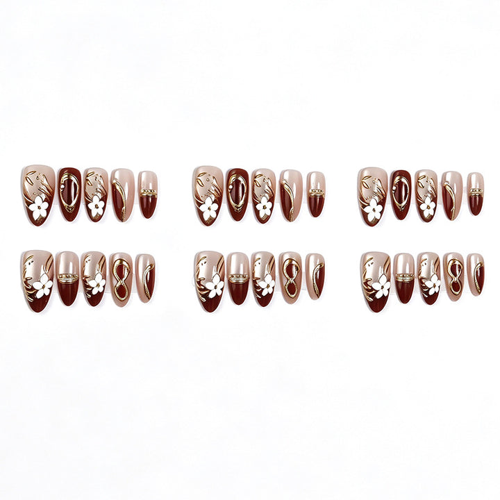 Artistic Press-On Nail Set with Floral and Metallic Accents Stornfield