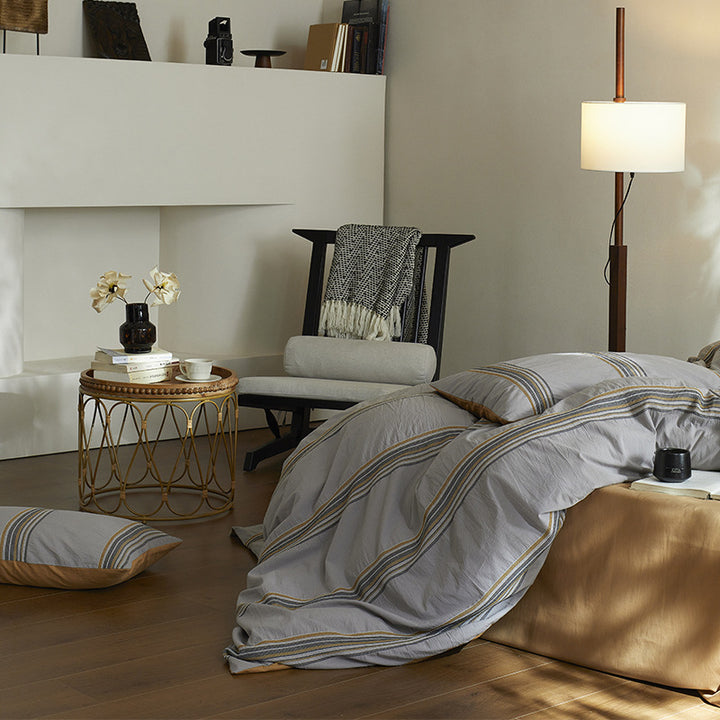 Embroidered Stripe Organic Cotton Duvet Cover Set with Pillow Shams