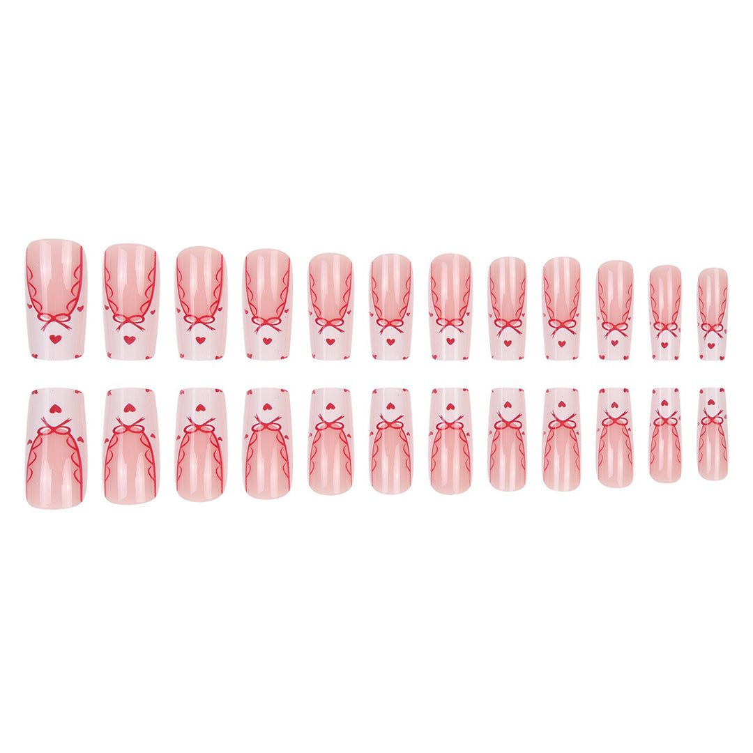 Decorative Long Press-On Nail Set with Bow and Heart Design Stornfield