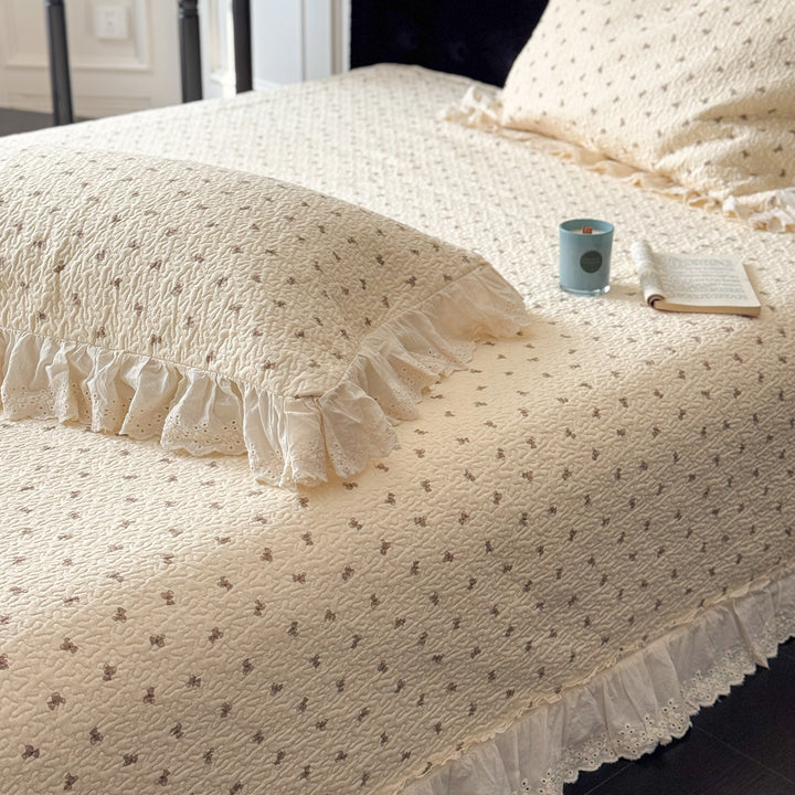 Quilted Ruffled Eyelet Lace Bedspread with Matching Frilled Pillow Shams