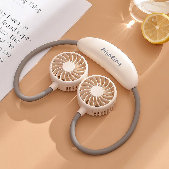 Unisex portable neck fan with dual fan heads, flexible neckband, quiet brushless motor, and USB charging function Stornfield