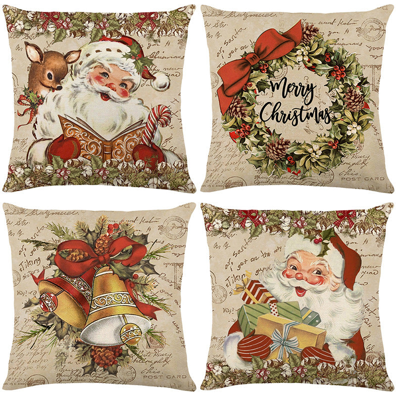 Vintage Christmas Linen-Cotton Throw Pillow Cover with Retro Santa Illustration