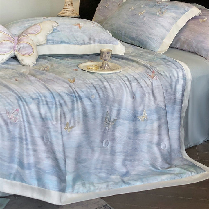 Luxurious satin bedding set with butterfly embroidery and decorative pillow