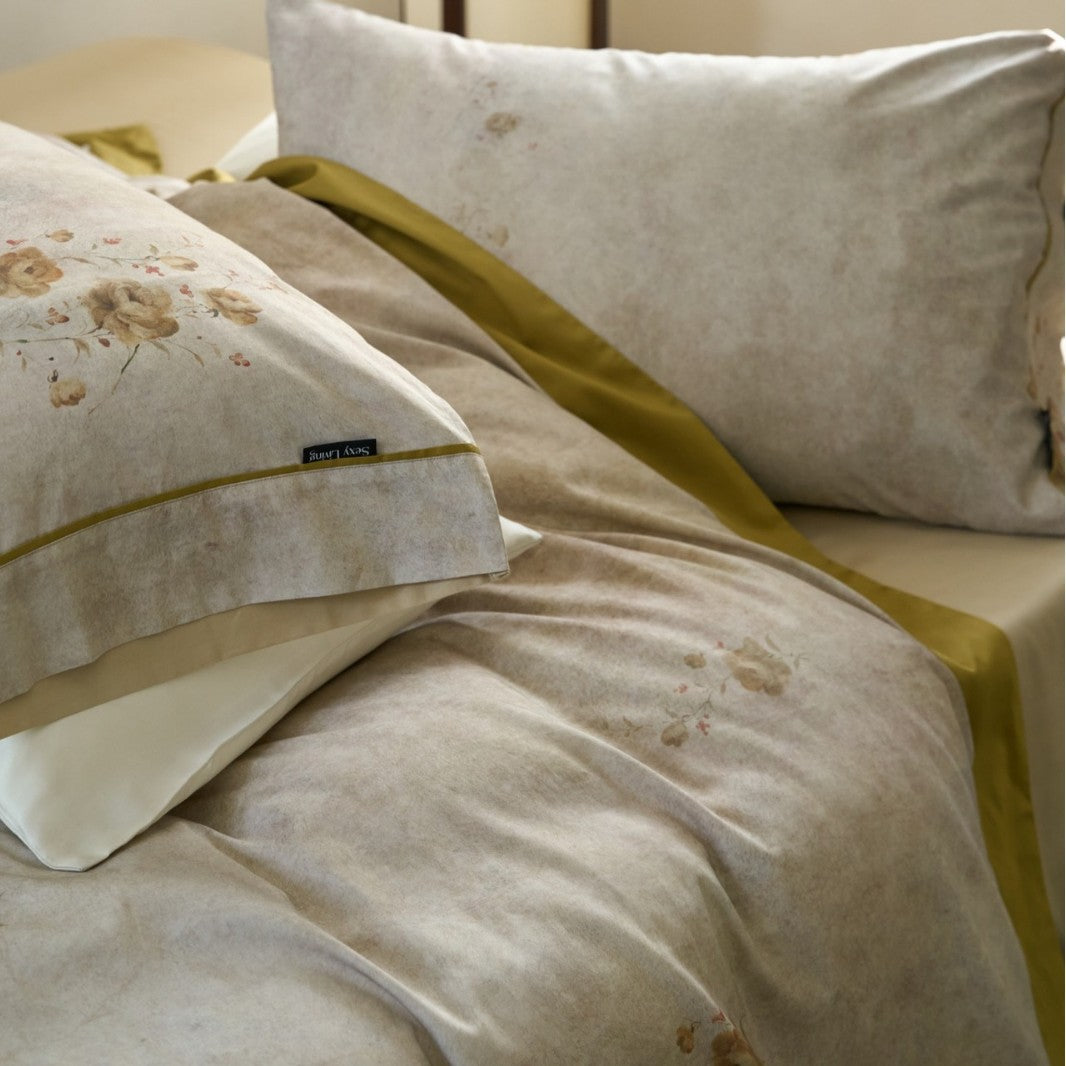 Washed Linen‑Feel Vintage Botanical Duvet Cover Set with Subtle Distressed Print