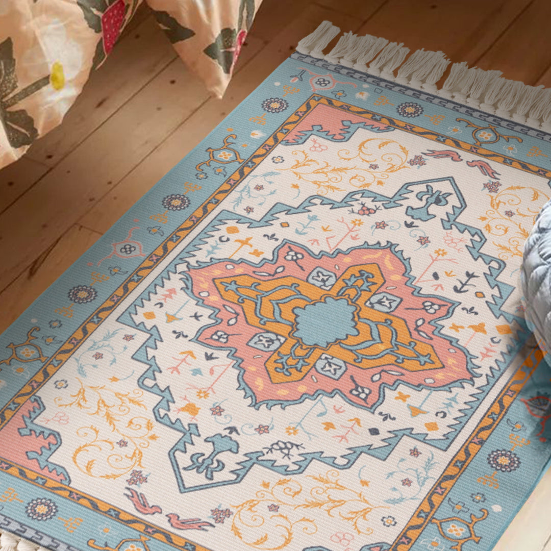 Woven oriental carpet runner with fringes and intricate medallion pattern Stornfield