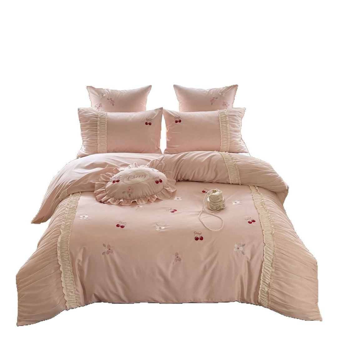 Ruffled Embroidered Cherry Cotton Sateen Duvet Cover Bedding Set with Decorative Round Throw Pillow