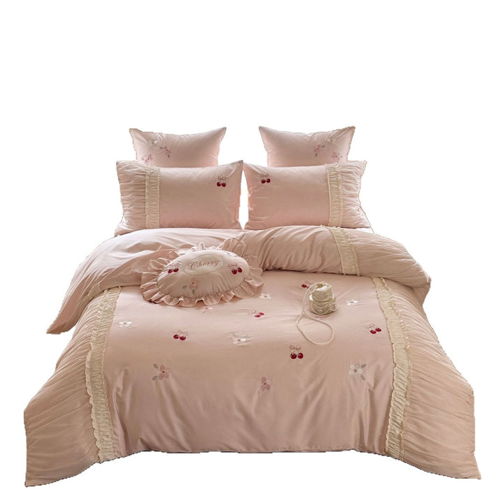 Ruffled Embroidered Cherry Cotton Sateen Duvet Cover Bedding Set with Decorative Round Throw Pillow