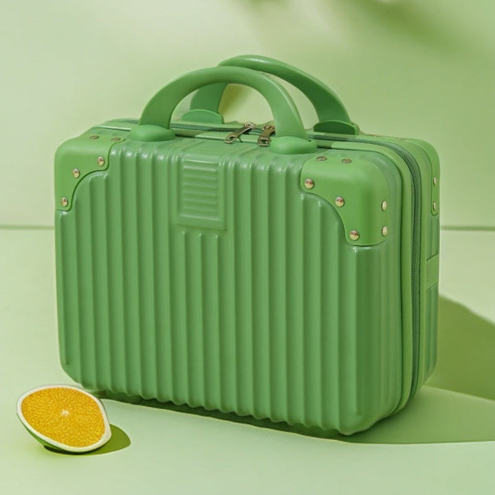 structured hard-shell vanity travel case with faux-leather corner reinforcements and dual top handles Stornfield