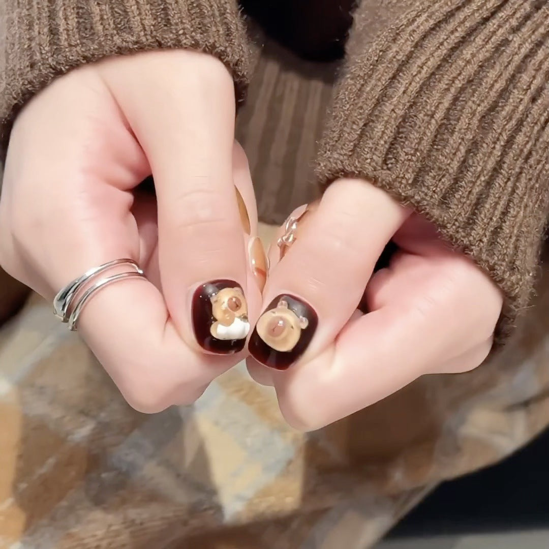 Artistic Bear-Themed Press-On Nails