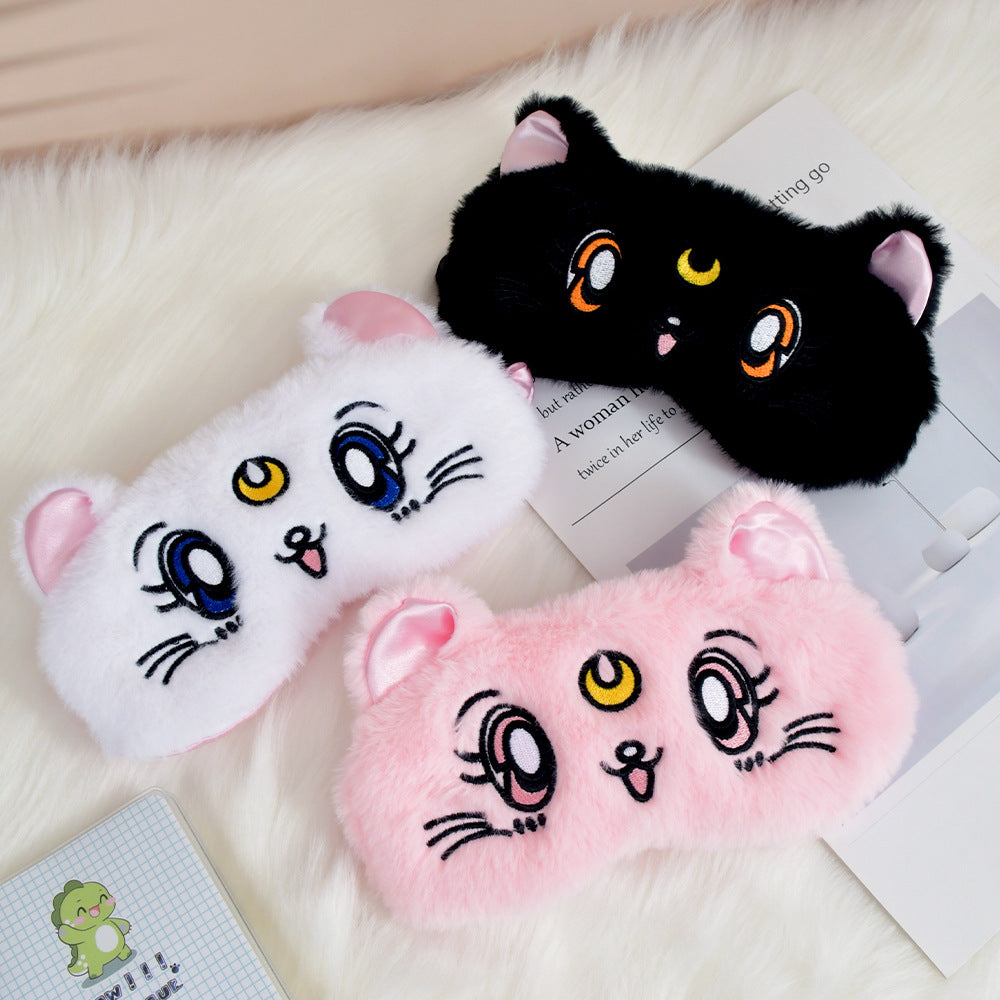 Women's fluffy sleep mask with embroidered cat design and soft comfort ears Stornfield