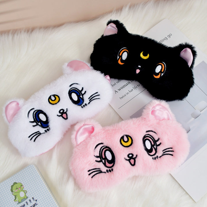 Women's fluffy sleep mask with embroidered cat design and soft comfort ears Stornfield