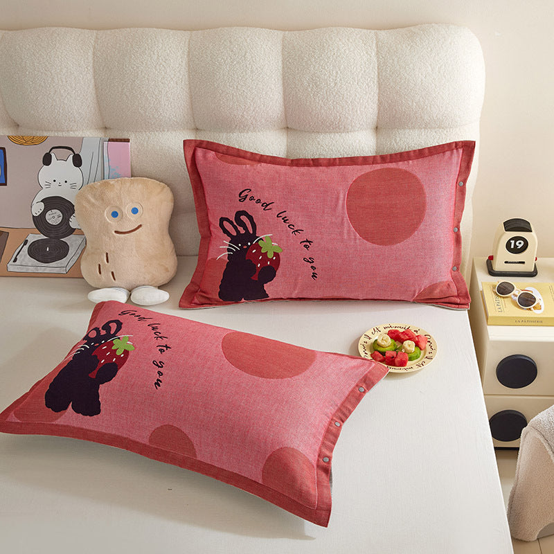 Decorative Cotton Pillowcase Set with Cartoon Puppy Stripe Print