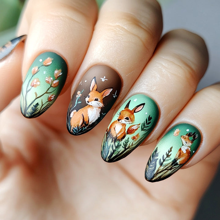 Artistic nail art in woodland animal motif Stornfield